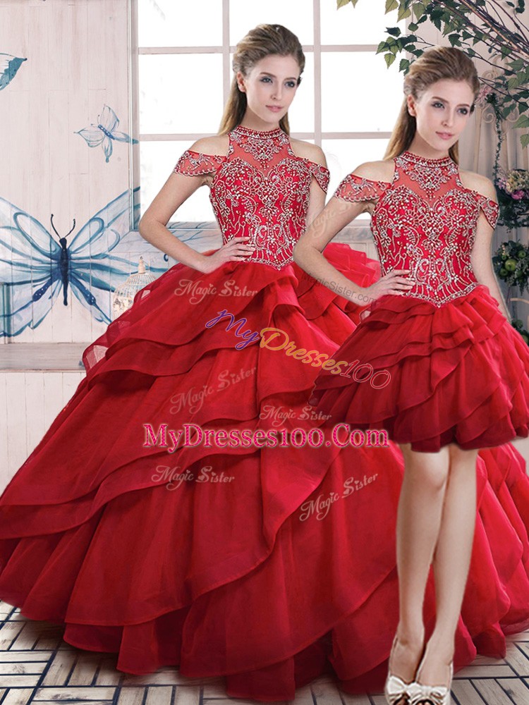 Clearance Sleeveless Floor Length Beading and Ruffles Lace Up Quinceanera Dresses with Red