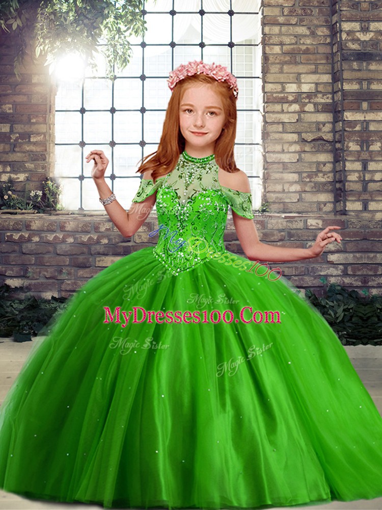 Beauteous Beading Little Girl Pageant Gowns Green Lace Up Sleeveless Floor Length