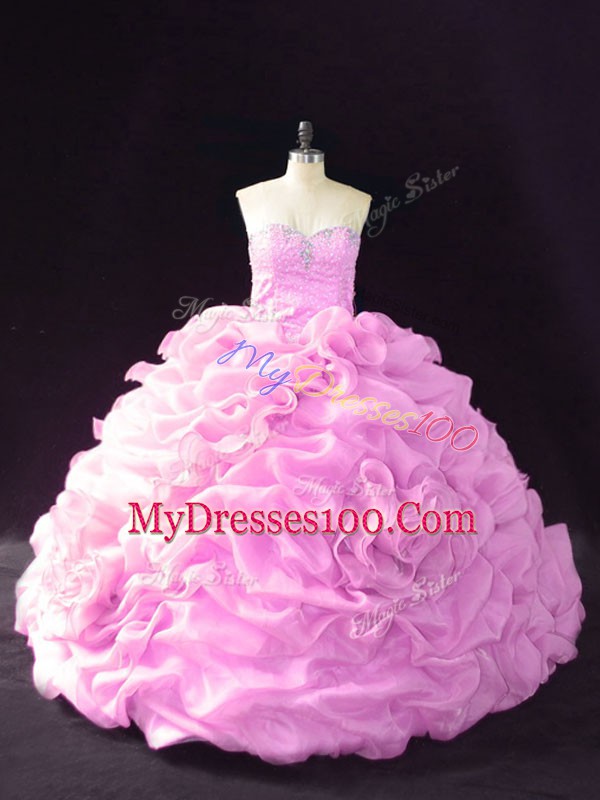 Lilac Lace Up Sweetheart Beading and Pick Ups and Hand Made Flower Ball Gown Prom Dress Organza Sleeveless Court Train