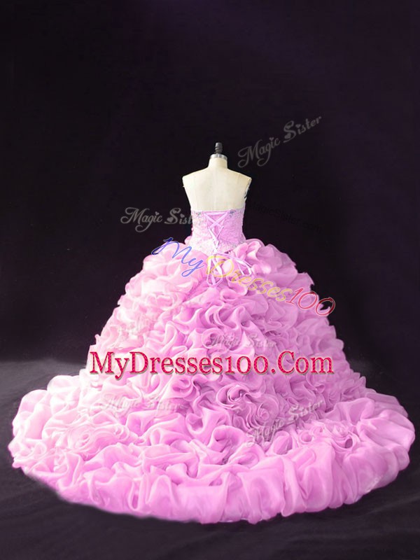 Lilac Lace Up Sweetheart Beading and Pick Ups and Hand Made Flower Ball Gown Prom Dress Organza Sleeveless Court Train