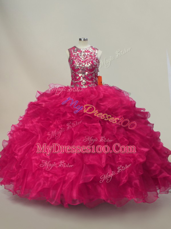 Hot Selling Floor Length Hot Pink Sweet 16 Quinceanera Dress Organza Sleeveless Ruffles and Sequins