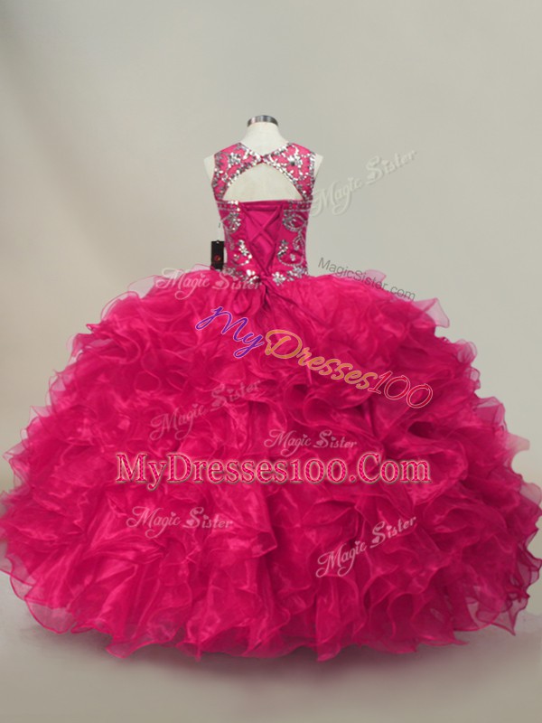 Hot Selling Floor Length Hot Pink Sweet 16 Quinceanera Dress Organza Sleeveless Ruffles and Sequins