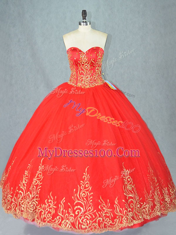 Ideal Red Ball Gowns Tulle Sweetheart Sleeveless Beading Floor Length Lace Up Quinceanera Gowns