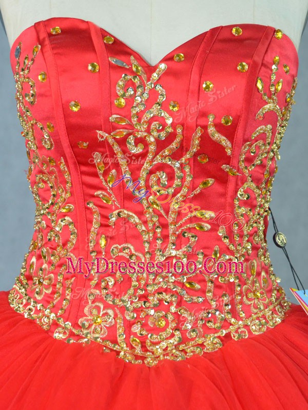 Ideal Red Ball Gowns Tulle Sweetheart Sleeveless Beading Floor Length Lace Up Quinceanera Gowns