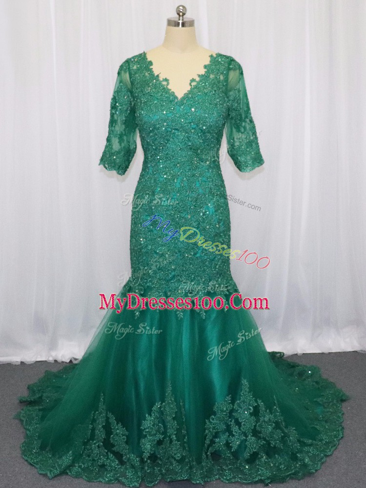 Latest Green Dress for Prom V-neck Half Sleeves Brush Train Lace Up