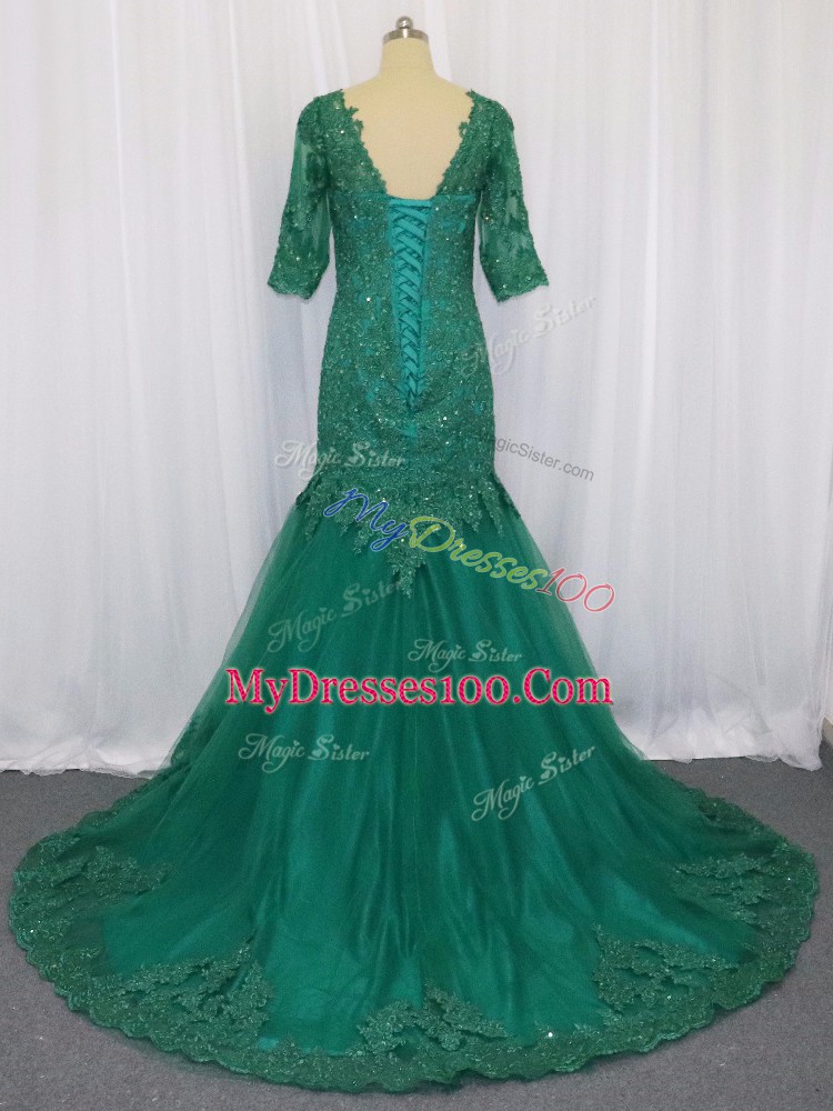 Latest Green Dress for Prom V-neck Half Sleeves Brush Train Lace Up
