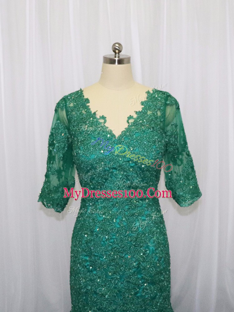 Latest Green Dress for Prom V-neck Half Sleeves Brush Train Lace Up