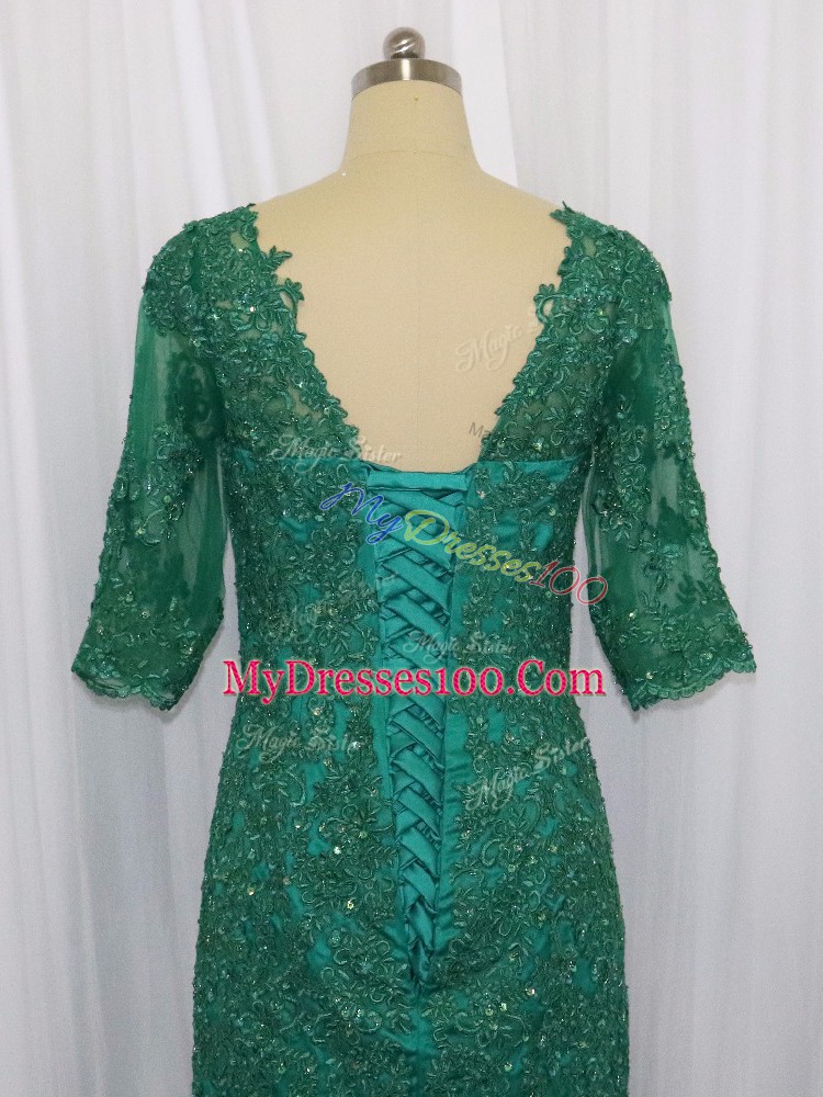 Latest Green Dress for Prom V-neck Half Sleeves Brush Train Lace Up