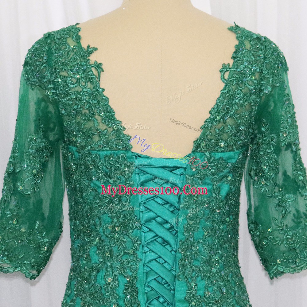 Latest Green Dress for Prom V-neck Half Sleeves Brush Train Lace Up