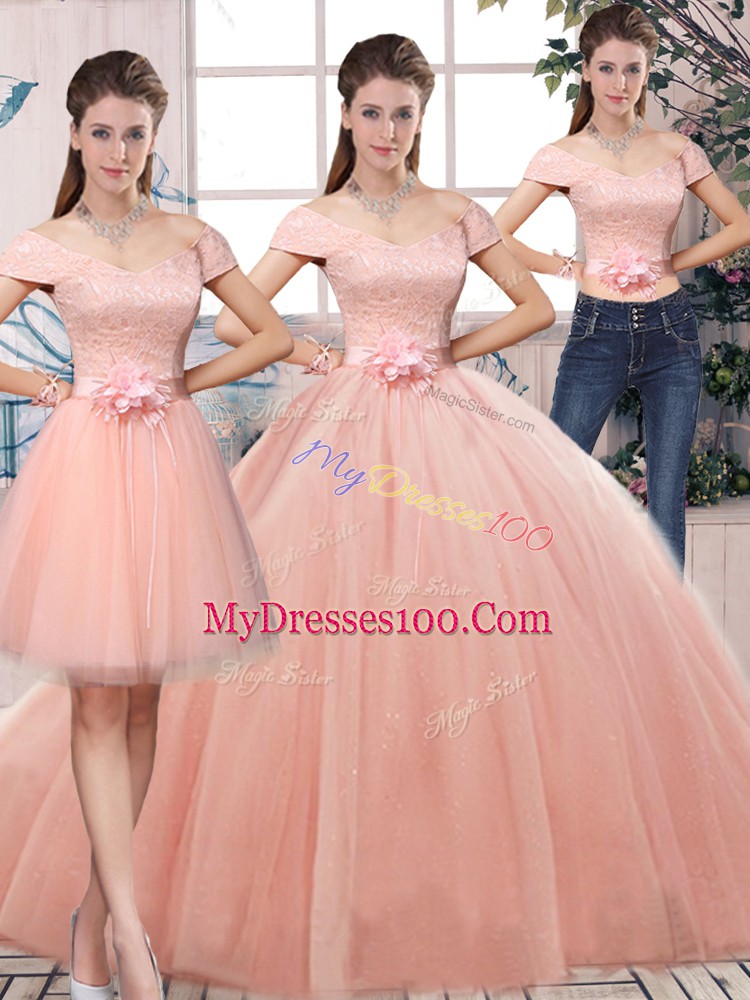 Pink Three Pieces Lace and Hand Made Flower Ball Gown Prom Dress Lace Up Tulle Short Sleeves Floor Length