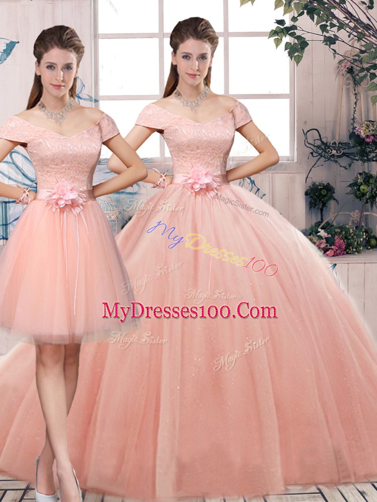 Pink Three Pieces Lace and Hand Made Flower Ball Gown Prom Dress Lace Up Tulle Short Sleeves Floor Length