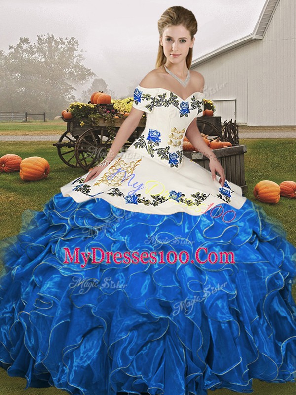 Nice Blue And White Sleeveless Organza Lace Up Sweet 16 Quinceanera Dress for Military Ball and Sweet 16 and Quinceanera