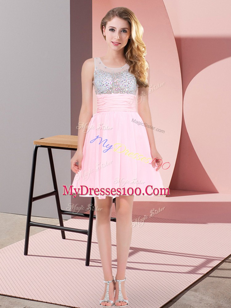Sleeveless Chiffon Mini Length Side Zipper Bridesmaids Dress in Baby Pink with Beading