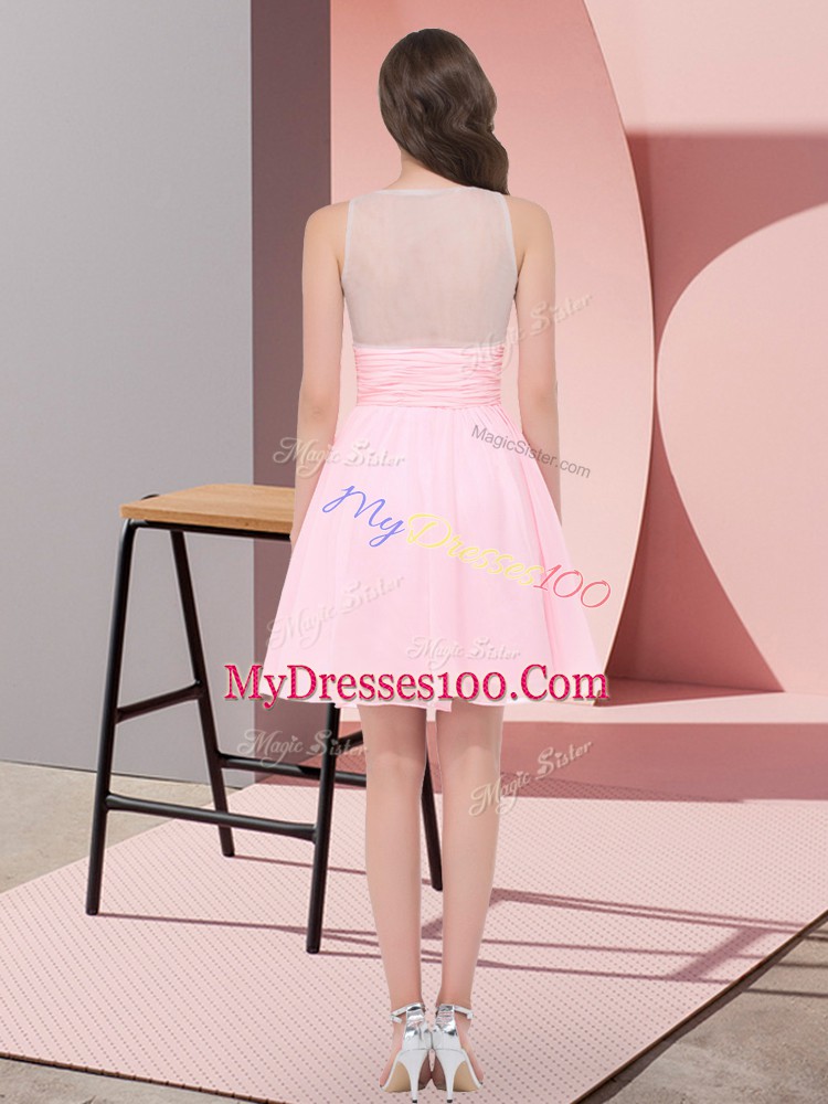 Sleeveless Chiffon Mini Length Side Zipper Bridesmaids Dress in Baby Pink with Beading