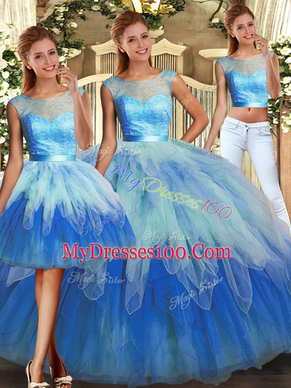 Trendy Scoop Sleeveless Lace Up Vestidos de Quinceanera Multi-color Tulle