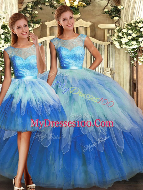 Trendy Scoop Sleeveless Lace Up Vestidos de Quinceanera Multi-color Tulle