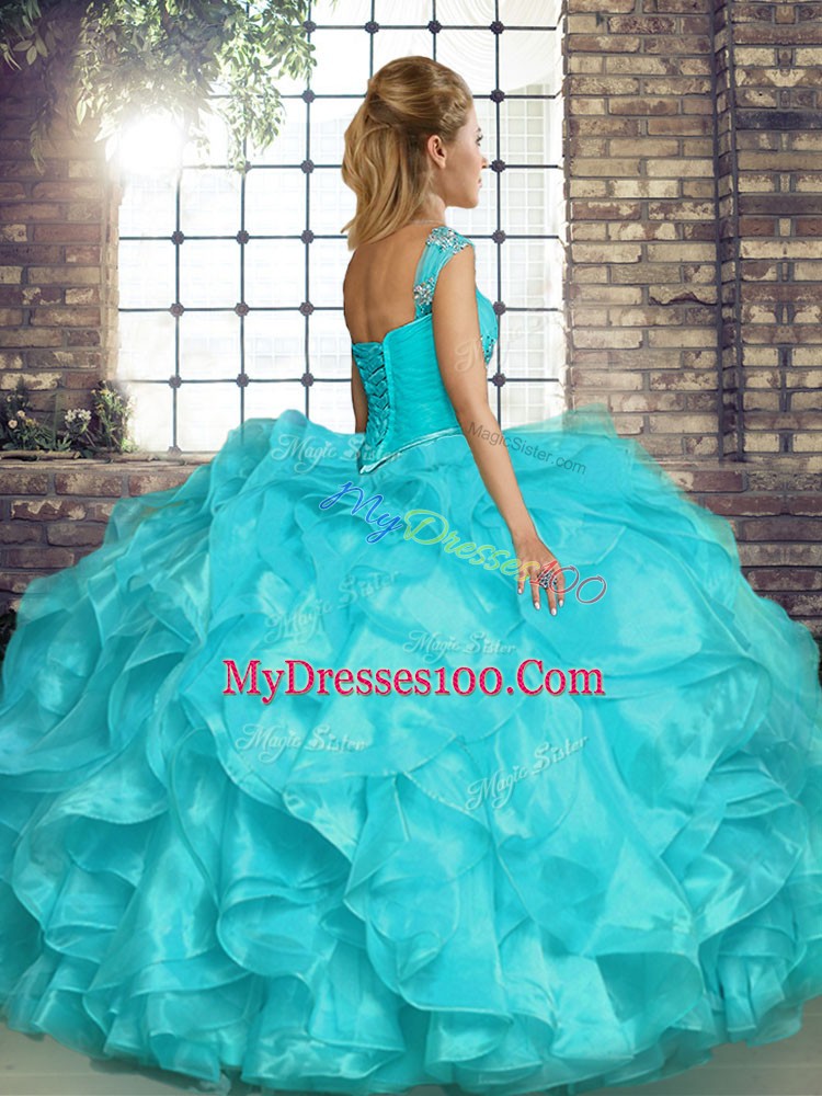 Modest Off The Shoulder Sleeveless Lace Up Sweet 16 Dress Organza