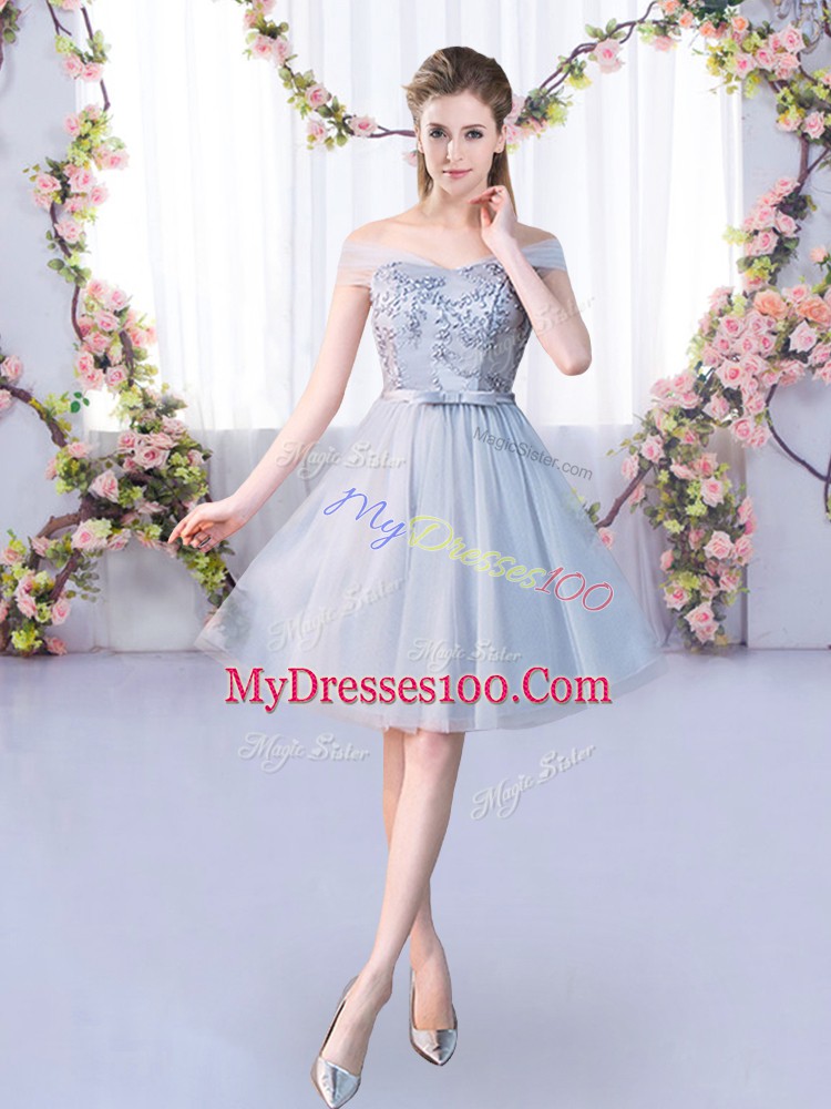 Grey Lace Up Bridesmaids Dress Lace and Belt Sleeveless Knee Length