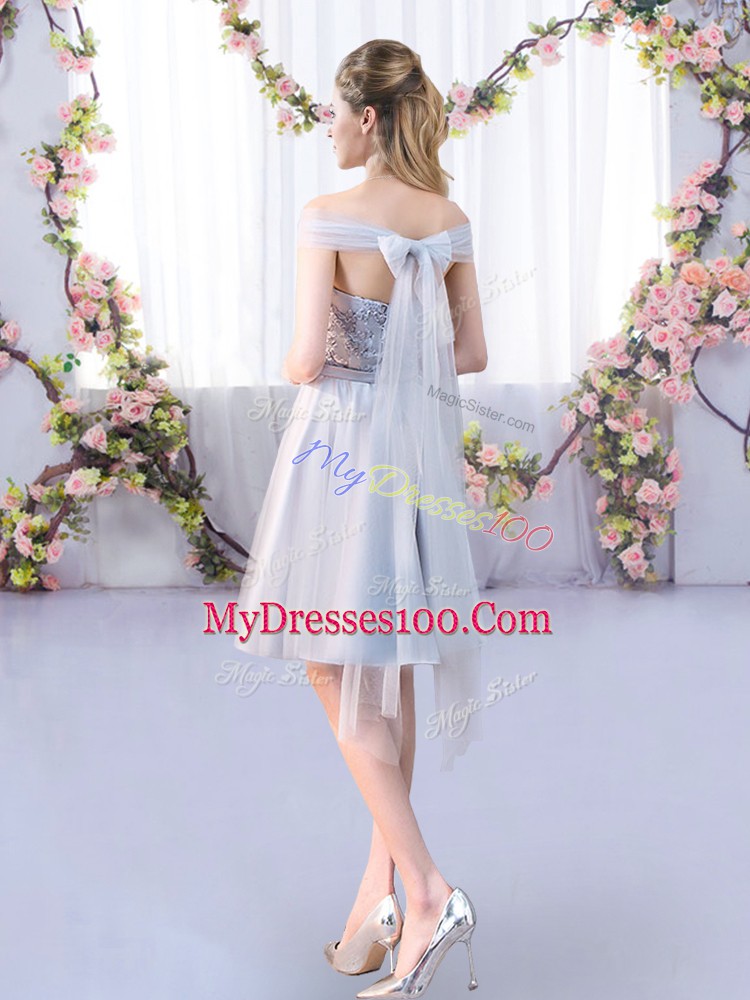 Grey Lace Up Bridesmaids Dress Lace and Belt Sleeveless Knee Length