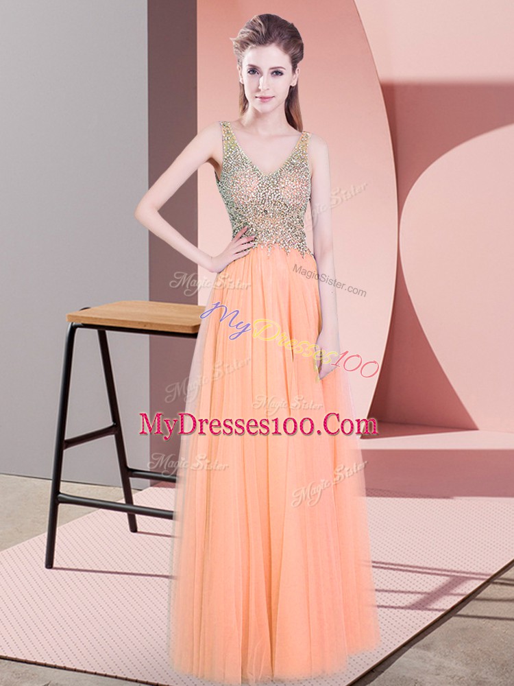 Classical Orange Empire Beading Prom Dresses Zipper Tulle Sleeveless Floor Length