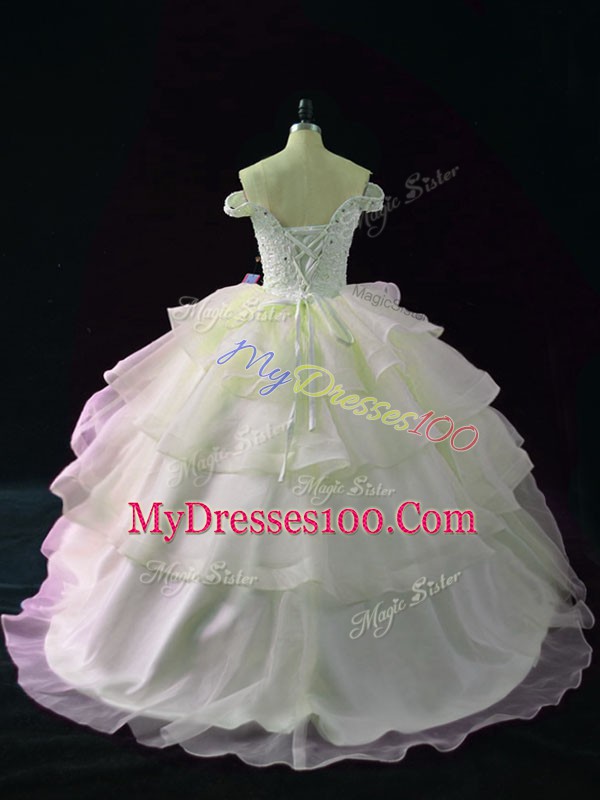 Elegant Sleeveless Beading and Ruffled Layers Lace Up 15th Birthday Dress with Pink Brush Train