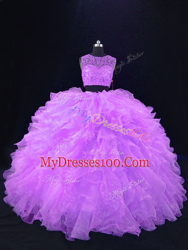 Lavender Scoop Neckline Beading and Ruffles 15th Birthday Dress Sleeveless Zipper