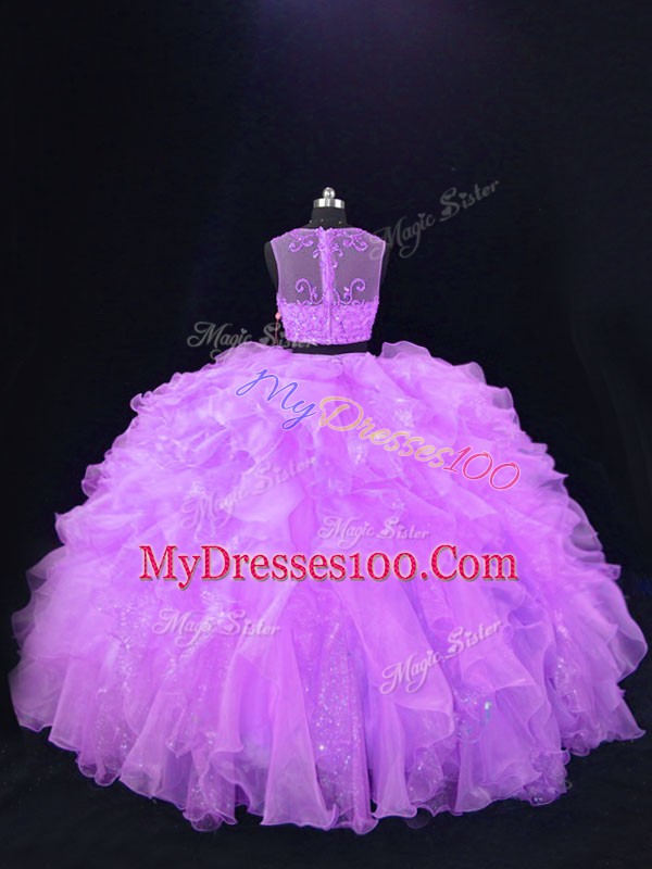 Lavender Scoop Neckline Beading and Ruffles 15th Birthday Dress Sleeveless Zipper