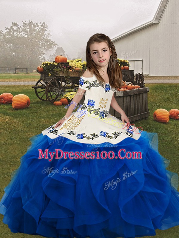 Sleeveless Lace Up Floor Length Embroidery and Ruffles Kids Formal Wear