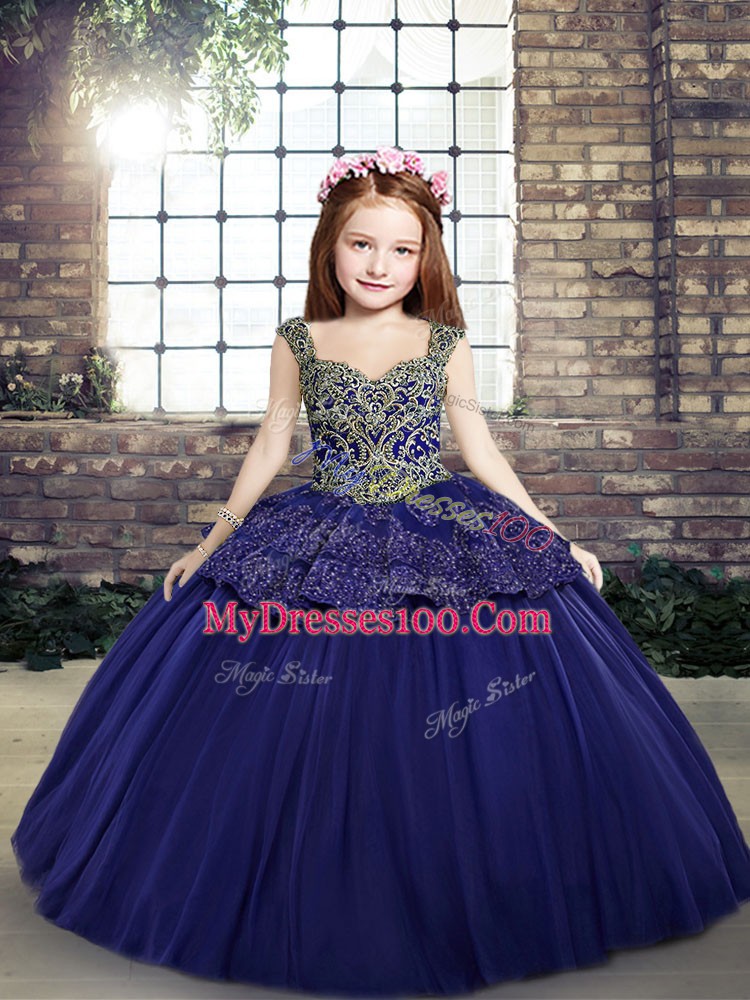 Classical Purple Ball Gowns Beading and Appliques Girls Pageant Dresses Lace Up Tulle Sleeveless Floor Length