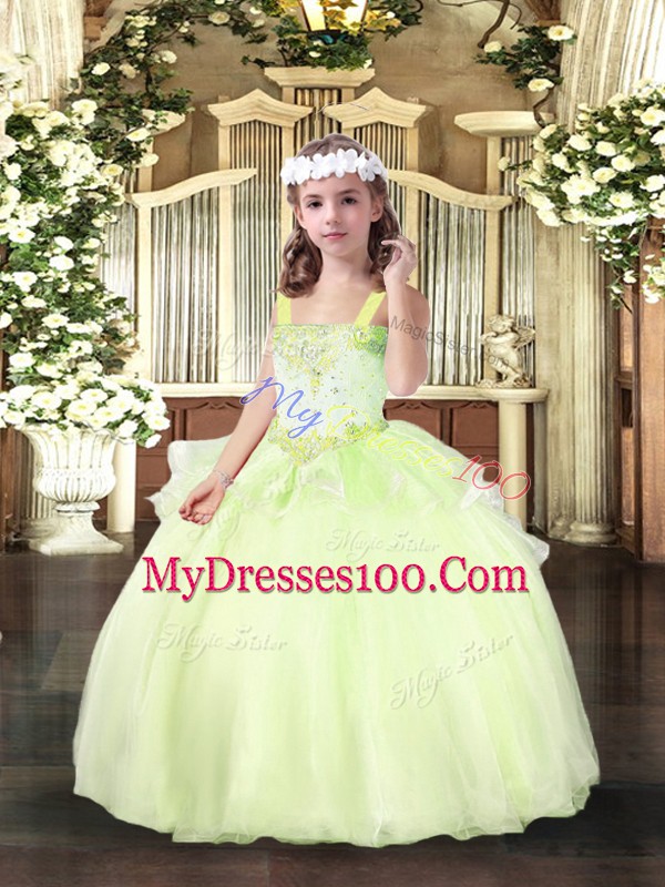 Straps Sleeveless Pageant Gowns For Girls Floor Length Beading Yellow Green Organza