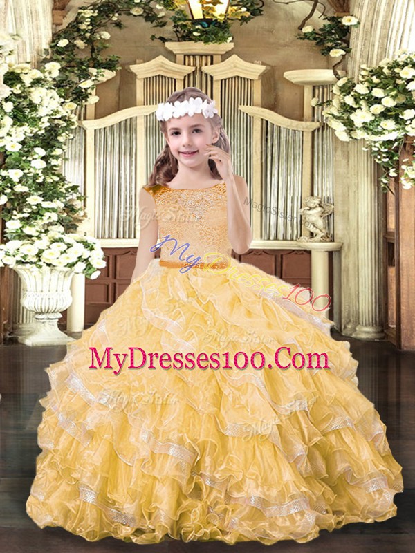 Beauteous Gold Sleeveless Organza Zipper Little Girls Pageant Dress for Party and Sweet 16 and Wedding Party
