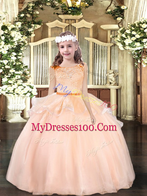 Classical Lace Little Girls Pageant Dress Wholesale Peach Zipper Sleeveless Floor Length