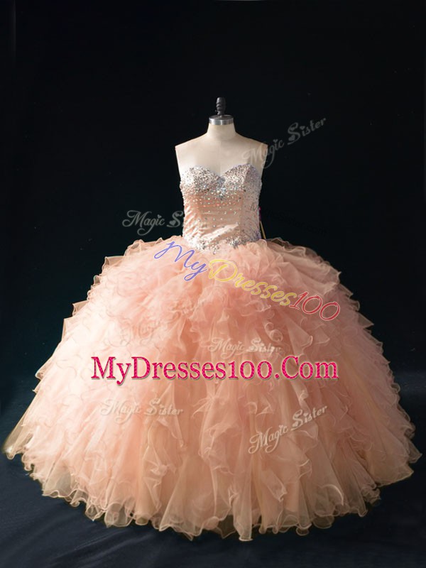 Floor Length Peach Quinceanera Dresses Sweetheart Sleeveless Lace Up