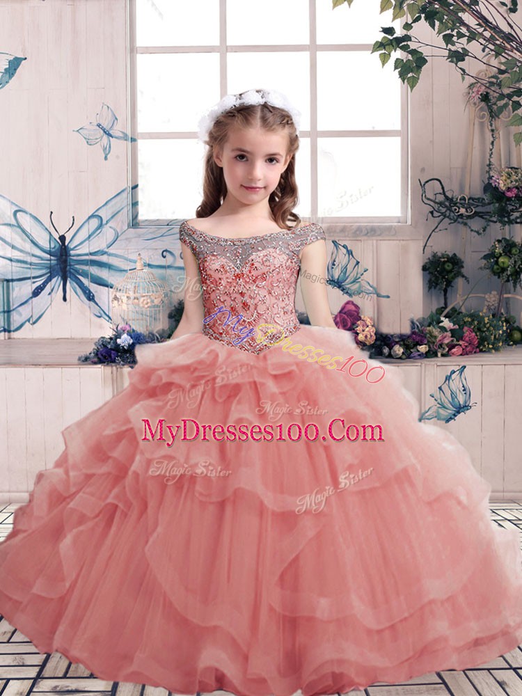 Ball Gowns Child Pageant Dress Pink Scoop Tulle Sleeveless Floor Length Lace Up