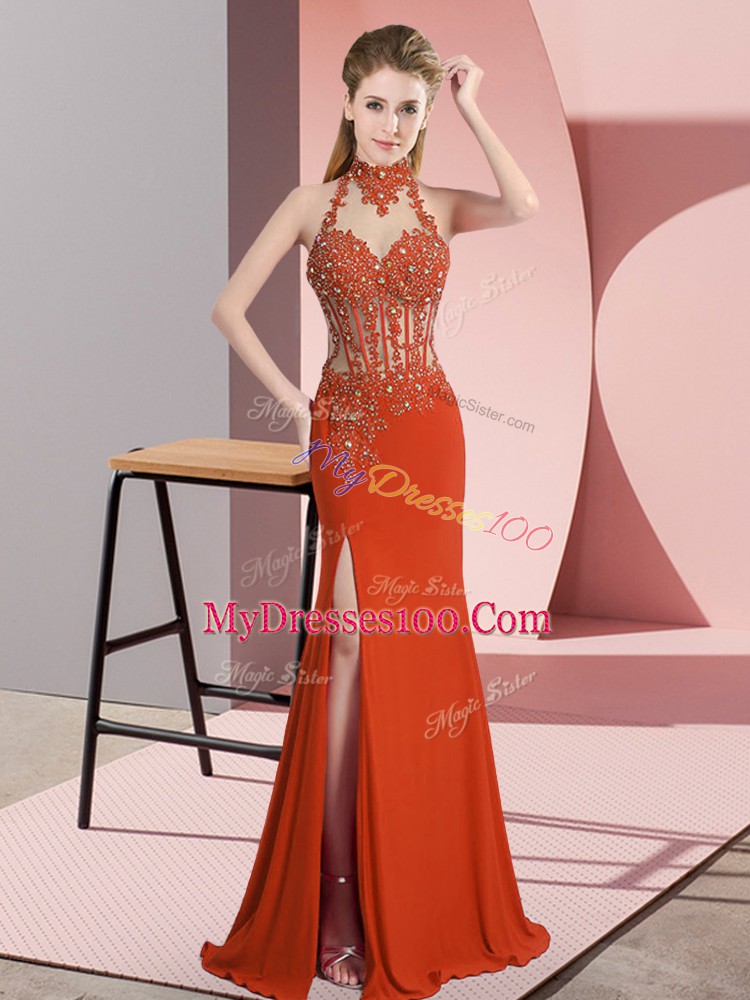 Popular High-neck Sleeveless Prom Party Dress Floor Length Lace and Appliques Orange Red Chiffon