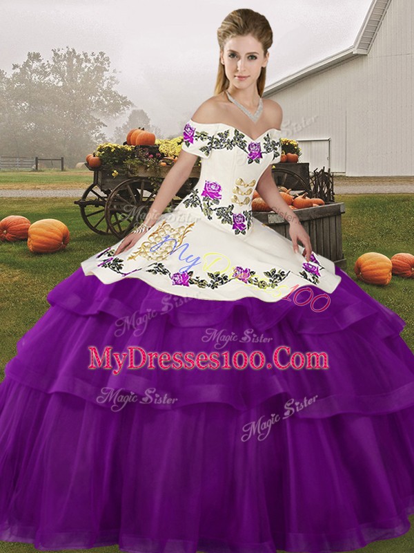 Stunning Purple Quinceanera Gown Off The Shoulder Sleeveless Brush Train Lace Up