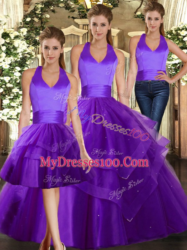 Floor Length Purple Quinceanera Dress Tulle Sleeveless Ruffles