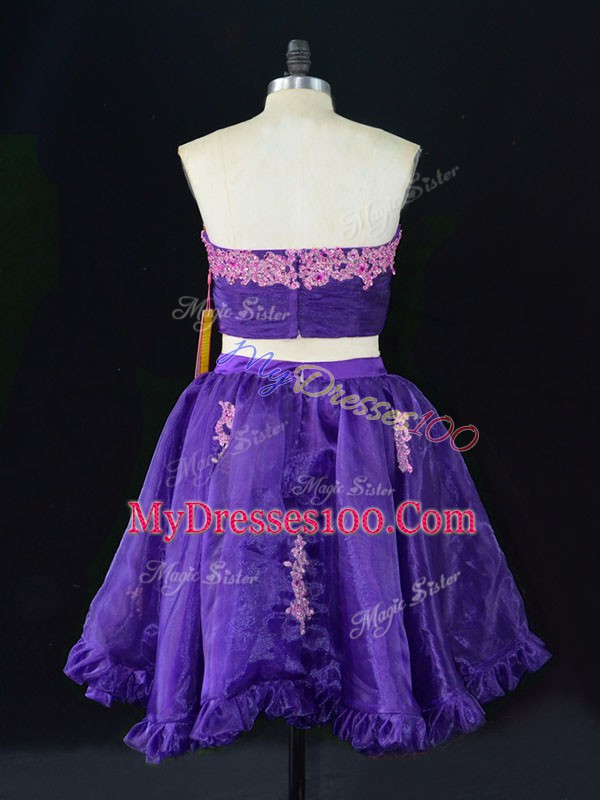 Fantastic Sleeveless Mini Length Appliques and Ruffles Zipper Prom Homecoming Dress with Purple