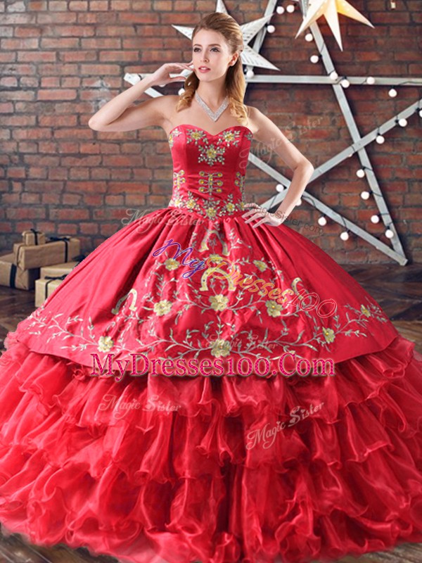 Flirting Quince Ball Gowns Red for Sweet 16 and Quinceanera with Embroidery and Ruffled Layers