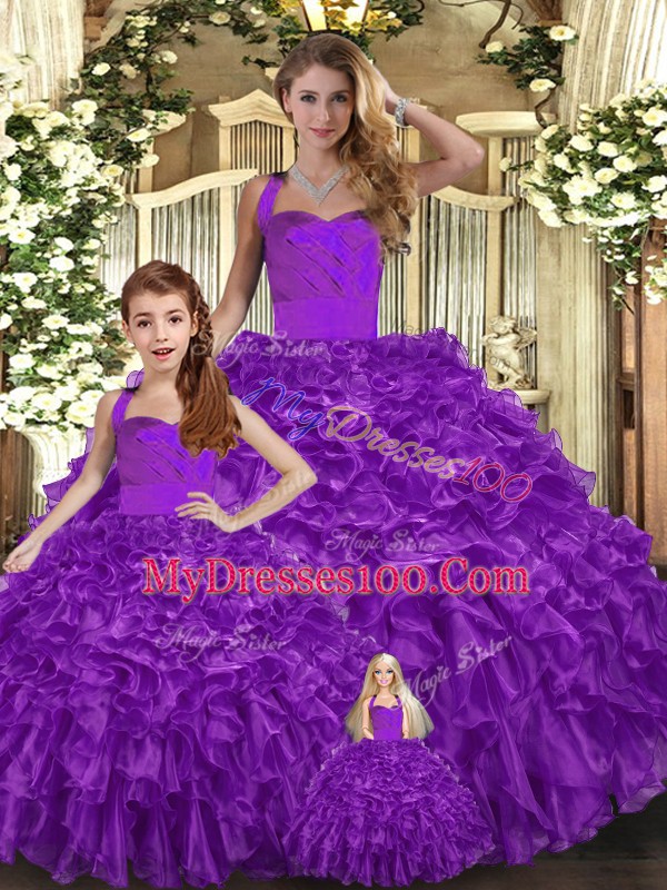 Modern Purple Ball Gowns Halter Top Sleeveless Organza Floor Length Lace Up Ruffles 15 Quinceanera Dress