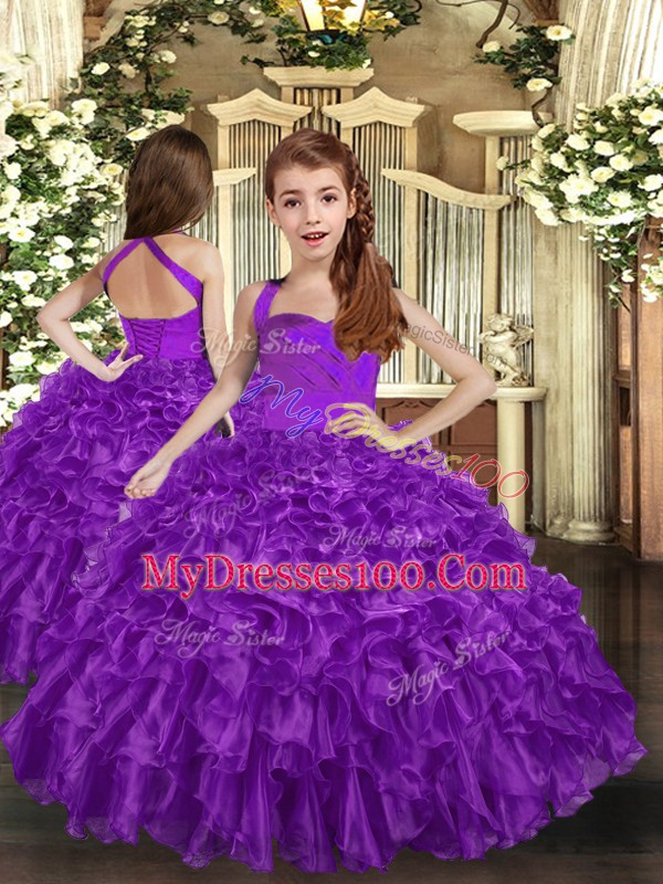 Modern Purple Ball Gowns Halter Top Sleeveless Organza Floor Length Lace Up Ruffles 15 Quinceanera Dress
