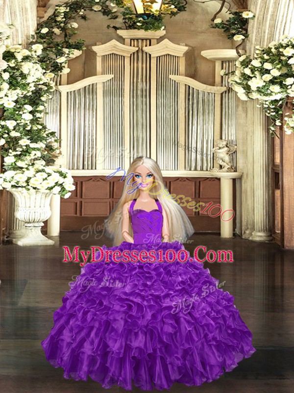 Modern Purple Ball Gowns Halter Top Sleeveless Organza Floor Length Lace Up Ruffles 15 Quinceanera Dress