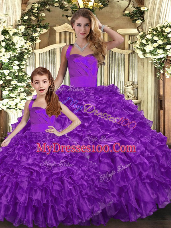 Modern Purple Ball Gowns Halter Top Sleeveless Organza Floor Length Lace Up Ruffles 15 Quinceanera Dress