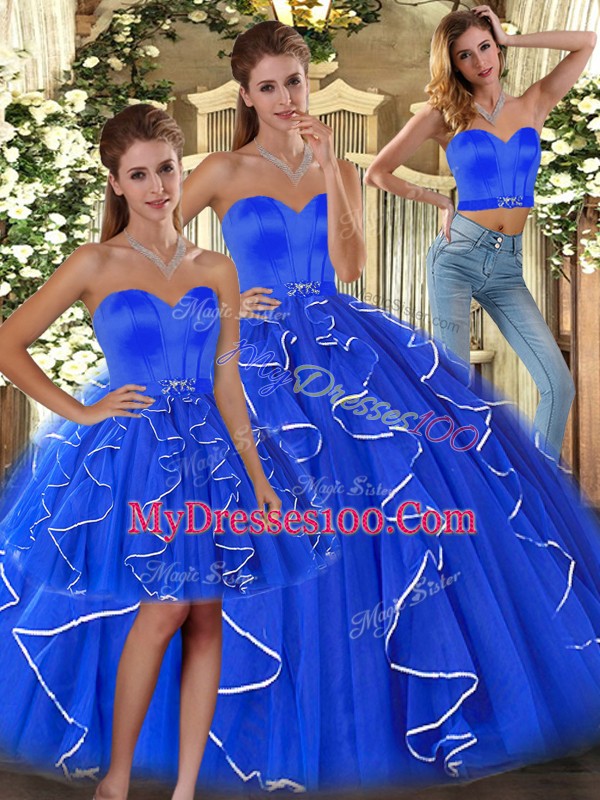 Flare Blue Lace Up Quince Ball Gowns Ruffles Sleeveless Floor Length