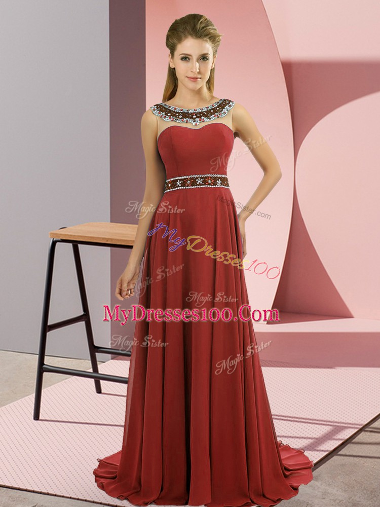Cheap Rust Red Scoop Zipper Beading Military Ball Gowns Brush Train Sleeveless