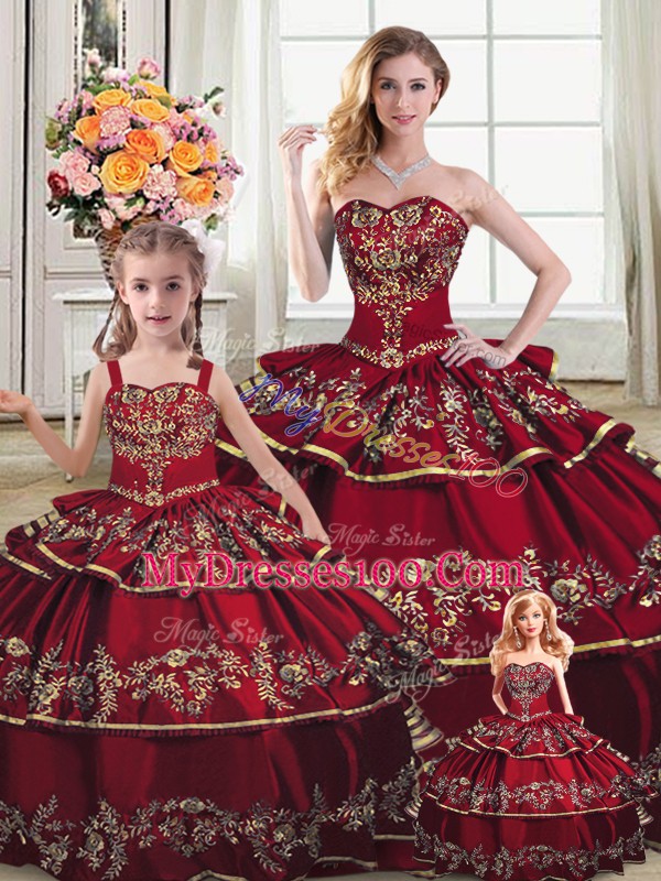 Ball Gowns Sweet 16 Quinceanera Dress Wine Red Sweetheart Satin and Organza Sleeveless Floor Length Lace Up