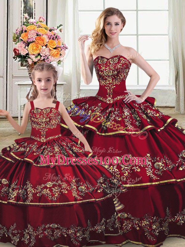 Ball Gowns Sweet 16 Quinceanera Dress Wine Red Sweetheart Satin and Organza Sleeveless Floor Length Lace Up