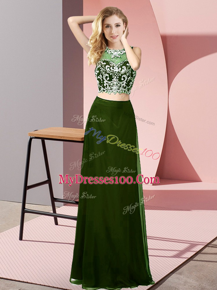 Stunning Scoop Sleeveless Floor Length Beading Olive Green Chiffon
