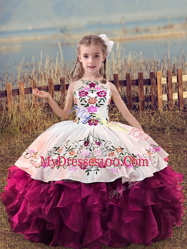 Cute Floor Length Fuchsia Little Girls Pageant Gowns Scoop Sleeveless Lace Up
