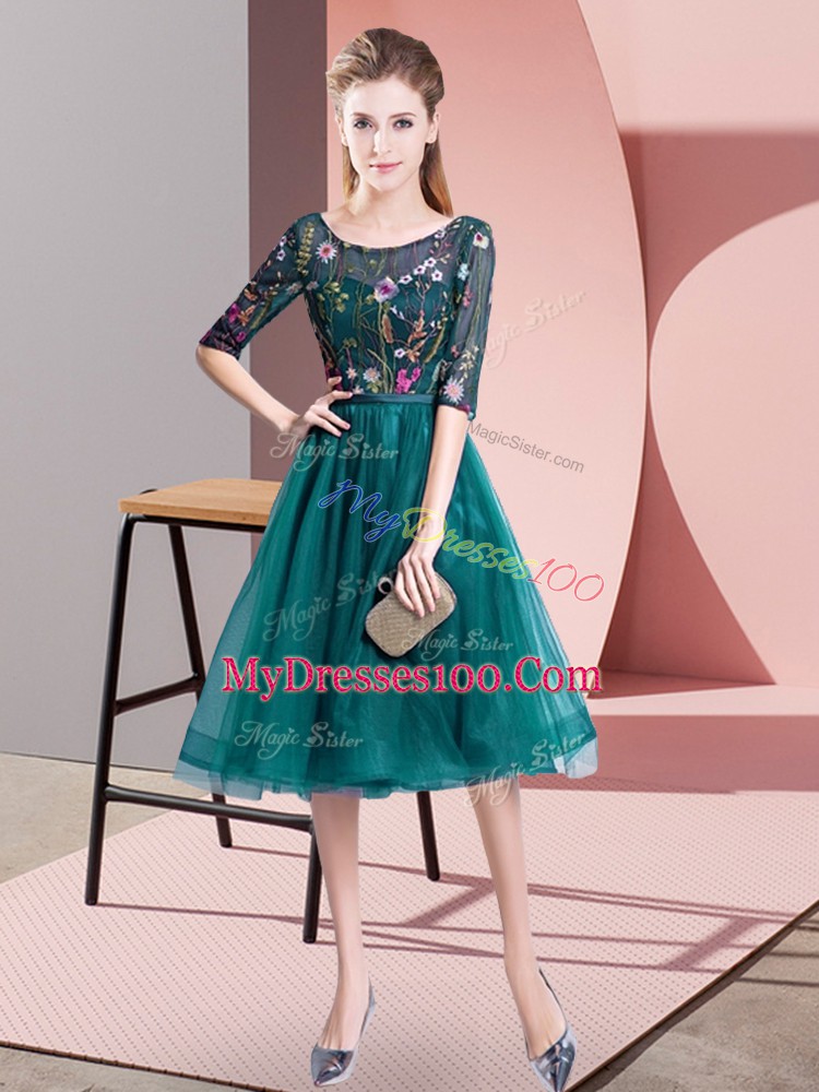 Luxurious Teal Bridesmaids Dress Wedding Party with Embroidery Scoop Half Sleeves Lace Up